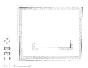 LUBRZA, wieża, rzut na poziomie przyziemia z chronologicznym rozwarstwieniem murów: 1. połowa XIV w.