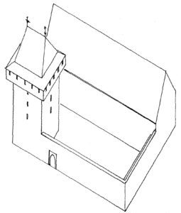 SULECHÓW, zamek rekonstrukcja bryły z około początku XV wieku (bryła skrzydła północnego i kształt dachu wieży - hipotetyczne), oprac. A. Legendziewicz