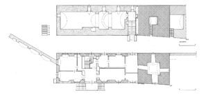 SULECHÓW, zamek, rzut piwnic i parteru z chronologicznym rozwarstwieniem murów, A- gotyk (I połowa XIV wieku (wieża)); B – gotyk (XIV wiek (mury)); C – renesans (koniec XVI wieku); D – barok (koniec XVII/początek XVIII wieku (skrzydło południowe i kurtyna)); E – mury z XIX i XX wieku oraz nierozpoznane (oprac. A. Legendziewicz)
