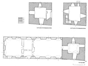 SULECHÓW, zamek, rzut I piętra i wieży piwnic i parteru z chronologicznym rozwarstwieniem murów, (A- gotyk (I połowa XIV wieku (wieża)); D – barok (koniec XVII/początek XVIII wieku (skrzydło południowe)); E – mury z XIX i XX wieku oraz nierozpoznane (oprac. A. Legendziewicz)