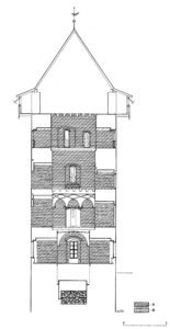 SULECHÓW, zamek, przekrój wieży ku zachodowi z chronologicznym rozwarstwieniem murów, A- gotyk (I połowa XIV wieku)); B - gotyk (I połowa XIV wieku(skuty mur)), kształt dachu i hurdycji hipotetyczne (oprac. A. Legendziewicz)