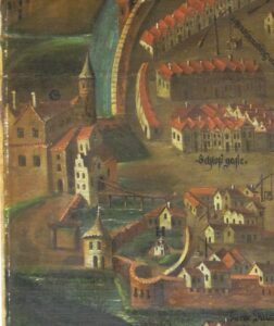 ŚWIEBODZIN, zamek w Świebodzinie, fragment widoku miasta z 1618 roku, obraz około 1764 i przemalowany w 1855 roku, ze zbiorów Muzeum Regionalnego w Świebodzinie