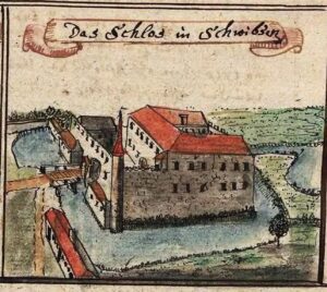 ŚWIEBODZIN, zamek z około 1750 roku, rycina autorstwa F.B. Wernera, źródło: Wernher F. B., Topographia Seu Compendium Silesiae. Pars V, IV F 113 b wol. 3, sygn T5_0327, Bibliote-ka Uniwersytetu Wrocławskiego, domena publiczna.