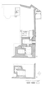 ŚWIEBODZIN, zamek, rzut na poziomie piwnic (a - dolny poziom; b- górny poziom) z chronologicznym rozwarstwieniem murów: początek XIV w. (A); 1. poł. XIV w. (B); XIX i XX w. oraz nierozpoznane (C); mury rekonstruowane - wykropkowano