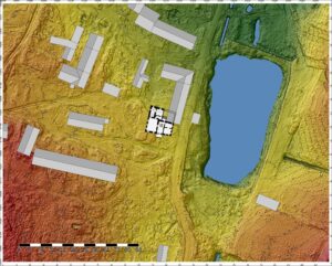 GOGOŁÓW, dwór i folwark w otoczeniu wałów i fos na numerycznym modelu terenu (oprac. P. Błoniewski)