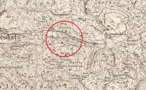 RYBNICA LEŚNA. Zamek Radosno, lokalizacja ruin zamku na wycinku niemieckiej mapy topograficznej (Messtischblatt) z 1936 r.