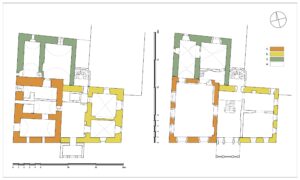 GOGOŁÓW, plan dworu z rozwarstwieniem chronologicznym ścian: 1 – mury z ok. roku 1400, 2 – mury z ok. 1538 r., 3 – mury z ok. 1594 r., 4 – ściany z XIX-XX w. (oprac. P. Błoniewski)