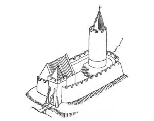 RYBNICA LEŚNA. Zamek Radosno. Rekonstrukcja założenia wykonana na podstawie badań archeologiczno-architektonicznych w latach 1995-1996; wg (Kastek, Mruczek, Stojanowicz, Stopczyński, Zaradzka 1997). Opracowanie: M. Chorowska (2003).