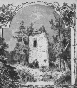 RYBNICA LEŚNA. Zamek Radosno. Widok ruin zamku ok. 1880 r.; wg Wilhelm Gause (?), Görbersdorf na Szlązku, drzeworyt sztorcowy na papierze, Tygodnik Powszechny nr 30 z 25.07.1880, s. 472, fragm.