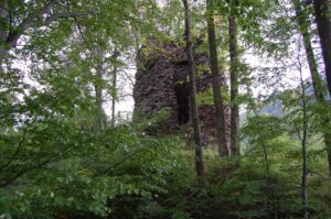 RYBNICA LEŚNA. Zamek Radosno. Relikty cylindrycznej wieży typu bergfried.