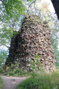RYBNICA LEŚNA. Zamek Radosno. Relikty cylindrycznej wieży typu bergfried. Widok od S, fot. R. Mruczek 2011.