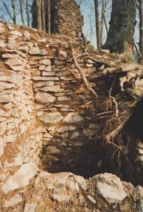 RYBNICA LEŚNA. Zamek Radosno. Relikty prostopadłościennej baszty w zachodniej części założenia, odsłonięte w trakcie badań archeologiczno-architektonicznych w 1996 r.; fot. R. Mruczek 1997.