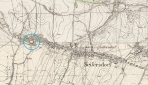 JAŹWINA - dwór górny z folwarkiem; lokalizacja na wycinku niemieckiej mapy topograficznej (Messtischblatt) z 1936 r. (oprac. P. Błoniewski)