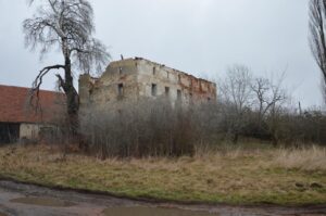 JAŹWINA – dwór górny (zach.). Widok na zachowane mury magistralne budowli, 2016 (fot. P Błoniewski)