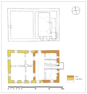 JAŹWINA – dwór górny (zach.). Plan piwnicy i parteru z rozwarstwieniem chronologicznym murów, wg (BŁONIEWSKI 2013): 1– mury z XV w., 2 – mury z 1 poł. XVI w., 3 – młodsze mury