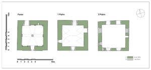 MIETKÓW, rzuty kondygnacji wieży z rozwarstwieniem chronologicznym murów, wg (RÓŻYCKA-ROZPĘDOWSKA, BRZEZOWSKI 1975): 1– mury z ok. poł. XVI w., 2 – mury z ok. poł. XIX w., rys. P. Błoniewski