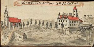 Miłaków (pow. Nowa Sól), kościół i dwór, widok od południa z połowy XVIII wieku wg F.B. Wernera (za: źródło: Wernher F. B., Topographia Seu Compendium Silesiae. Pars V, IV F 113 b wol. 3, sygn T5_0168, Biblioteka Uniwersytetu Wrocławskiego, domena publiczna)