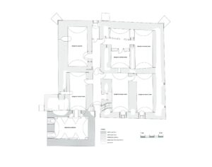 Miłaków (pow. Nowa Sól), dwór, rzut parteru z chronologicznym rozwarstwieniem murów (oprac. A. Legendziewicz)