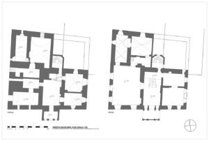 GOGOŁÓW, rzuty przyziemia i piętra dworu; przerys na podstawie Inwentaryzacji pomiarowej z 1971 r. (brak autora), archiwum WKZ, oddział Wałbrzych z uzupełnieniami (oprac. P. Błoniewski 2013)