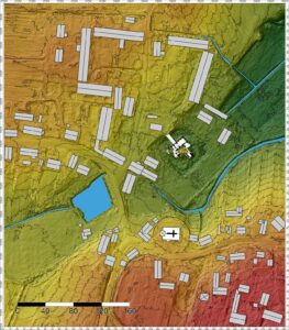 JAŹWINA, dwór dolny (wschodni) z folwarkiem na numerycznym modelu terenu, oprac. P. Błoniewski