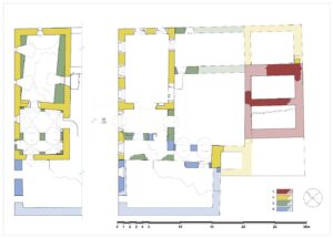 JAŹWINA – dwór wschodni. Plan parteru z rozwarstwieniem chronologicznym murów, wg (BŁONIEWSKI 2013): 1– mury z XIV w., 2 – mury z 1 poł. XVI w., 3 – mury z 2 poł. XVI w. 4 – XVII-XVIII w.