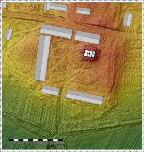 JAŹWINA, dwór górny (zachodni) z folwarkiem na numerycznym modelu terenu (oprac. P. Błoniewski)