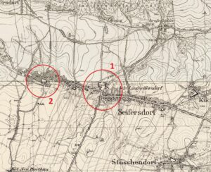 JAŹWINA - dwór dolny „1” z folwarkiem; lokalizacja na wycinku niemieckiej mapy topograficznej