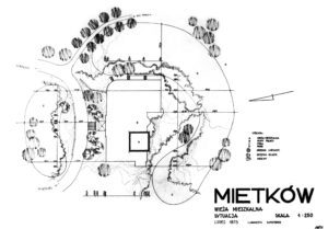 MIETKÓW, plan sytuacyjny dworu. Inwentaryzacja studencka: L. Adamczyk, D. Przybysz, lipiec 1973, ze zbiorów Instytutu Historii Architektury, Sztuki i Techniki Politechniki Wrocławskiej