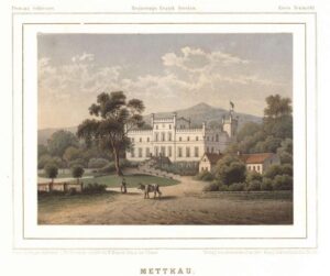 MIETKÓW, neogotycki pałac na chromolitografii A. Dunckera, ze zbiorów P. Siemki