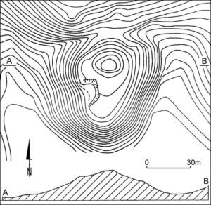 JAKUBÓW, plan warstwicowy i przekrój obiektu (za Lasota 1979)