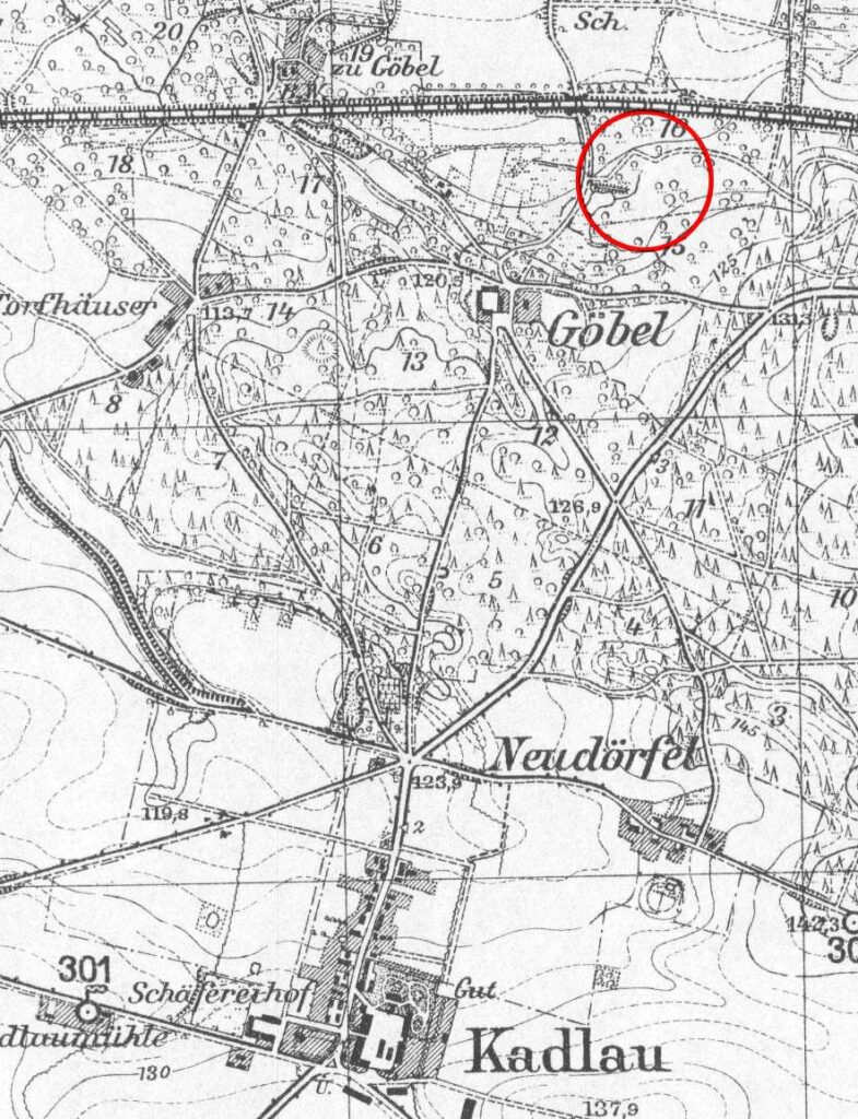 KADŁUB (Garten), fragment mapy Messtischblatt z lokalizacją obiektu