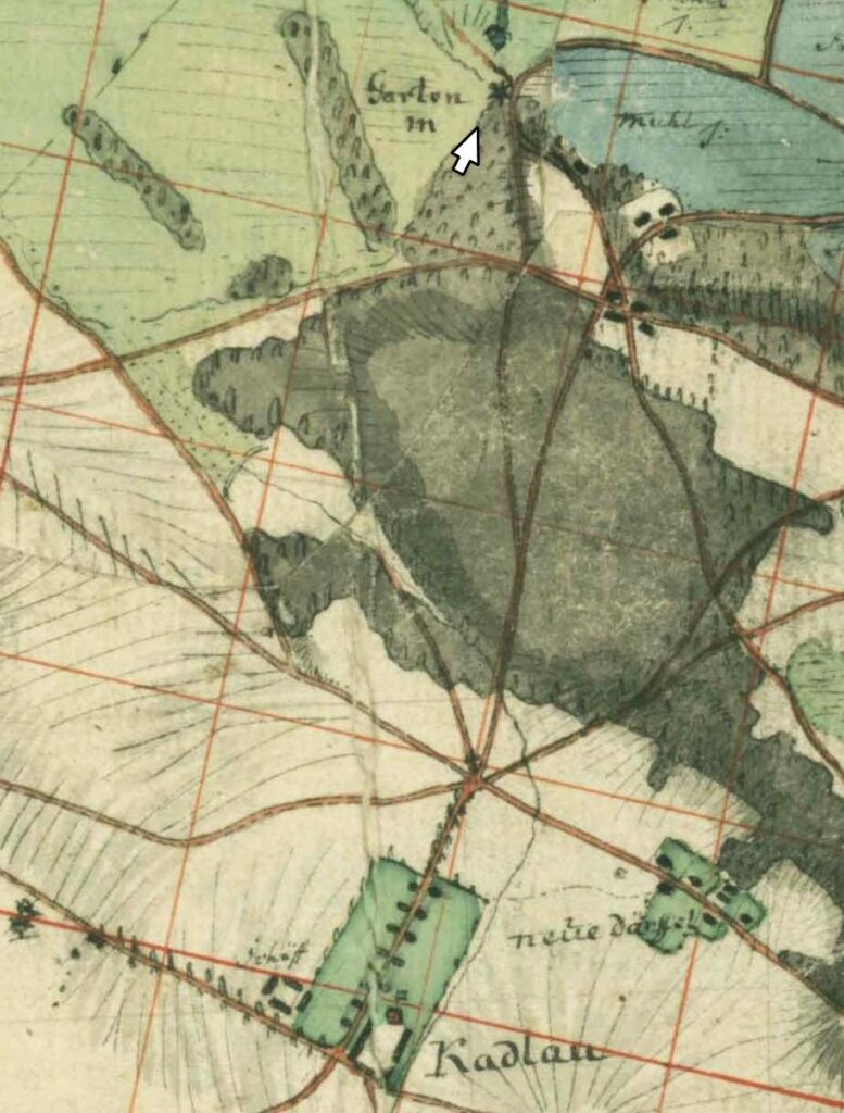 KADŁUB (Garten), fragment mapy L.W. Reglera z lokalizacją młyna Garten (SBB, Preußischer Kulturbesitz, sygn. 15140, Blatt 46)