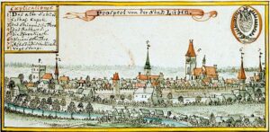 LUBIN, widok miasta według ryciny F.B. Wernera z widoczną z lewej strony wieżą zamkową