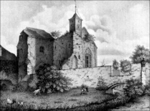 LUBIN, widok ruin zamku z zachowanym mostem, budynkiem bramnym i kaplicą według ryciny z 1. poł. XIX w. (za Silesia 1841)