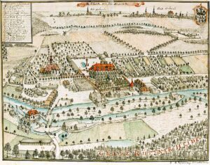 RYCZEŃ, widok wsi i położonego nad brzegiem Baryczy dworu według ryciny F.B. Wernera