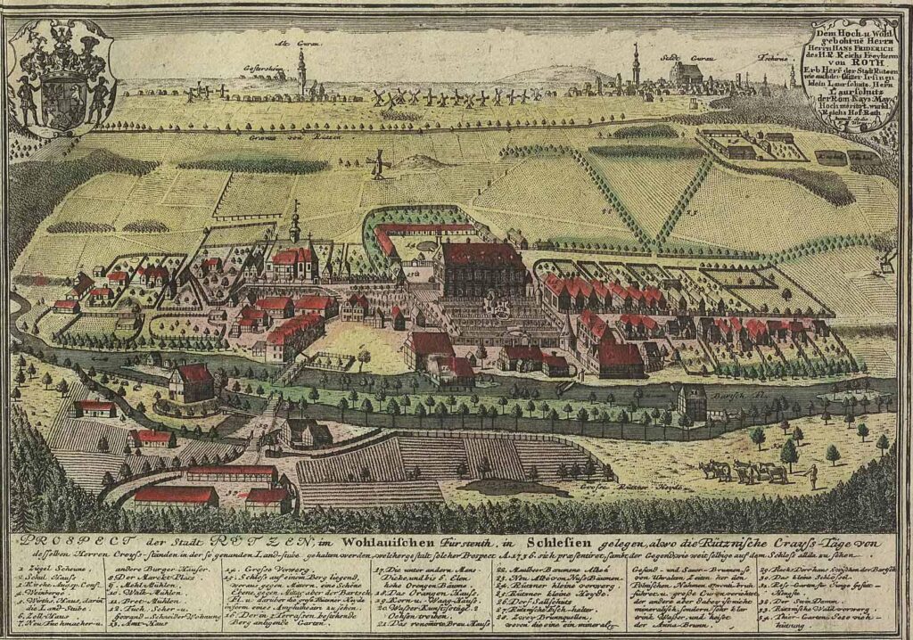 RYCZEŃ, widok wsi i położonego nad brzegiem Baryczy dworu według ryciny F.B. Wernera