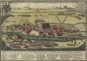 RYCZEŃ, widok wsi i położonego nad brzegiem Baryczy dworu według ryciny F.B. Wernera