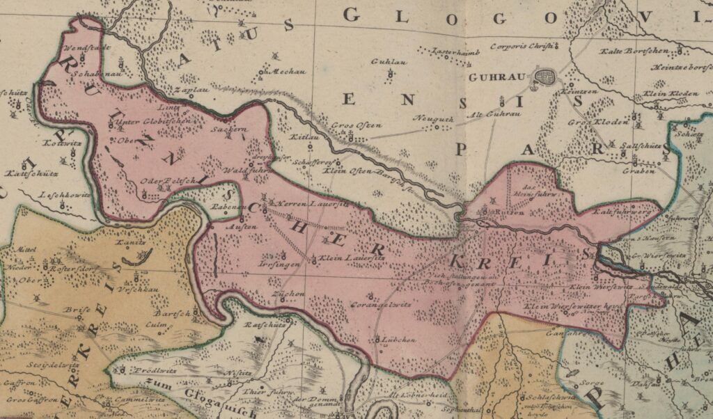 Okręg ryczeński według mapy księstwa wołowskiego z 1736 r. (SBB, Preussischer Kulturbesitz, sygn. 14940, Blatt 19)