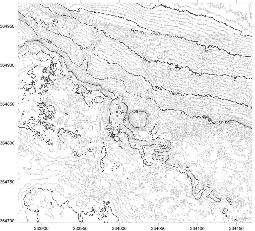 KRYNICZNO, plan warstwicowy otoczenia stanowiska (oprac. M. Legut-Pintal, P. Rajski, Katalog Zamków i Dworów Obronnych Śląska [https://zamki.pwr.edu.pl/]. Licencja: CC BY-SA 4.0 [https://creativecommons.org/licenses/by-nc/4.0/])