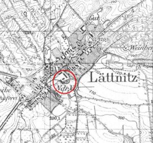 LETNICA, fragment mapki Messtischblatt z lokalizacją obiektu