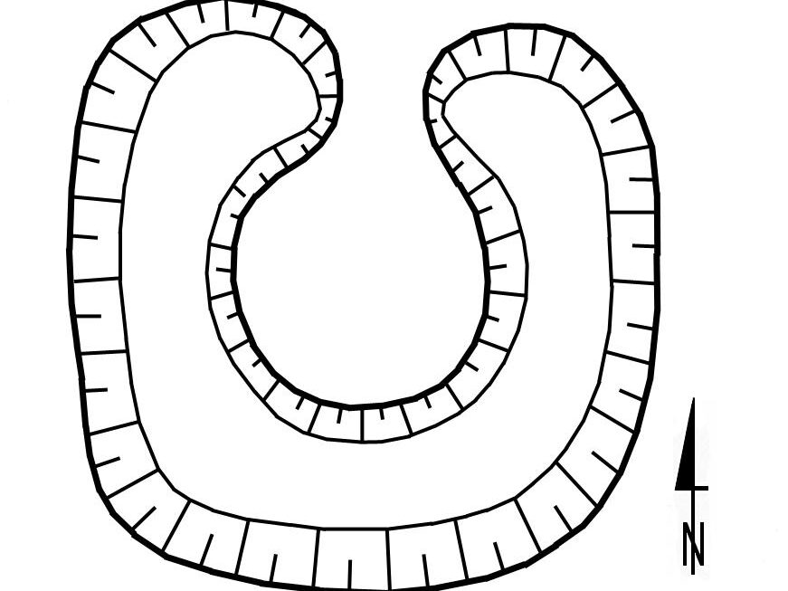 STRACHÓW, schematyczny plan i przekrój grodziska stożkowatego (za Pawłowski 1978)