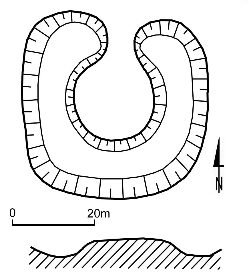 STRACHÓW, schematyczny plan i przekrój grodziska stożkowatego (za Pawłowski 1978)