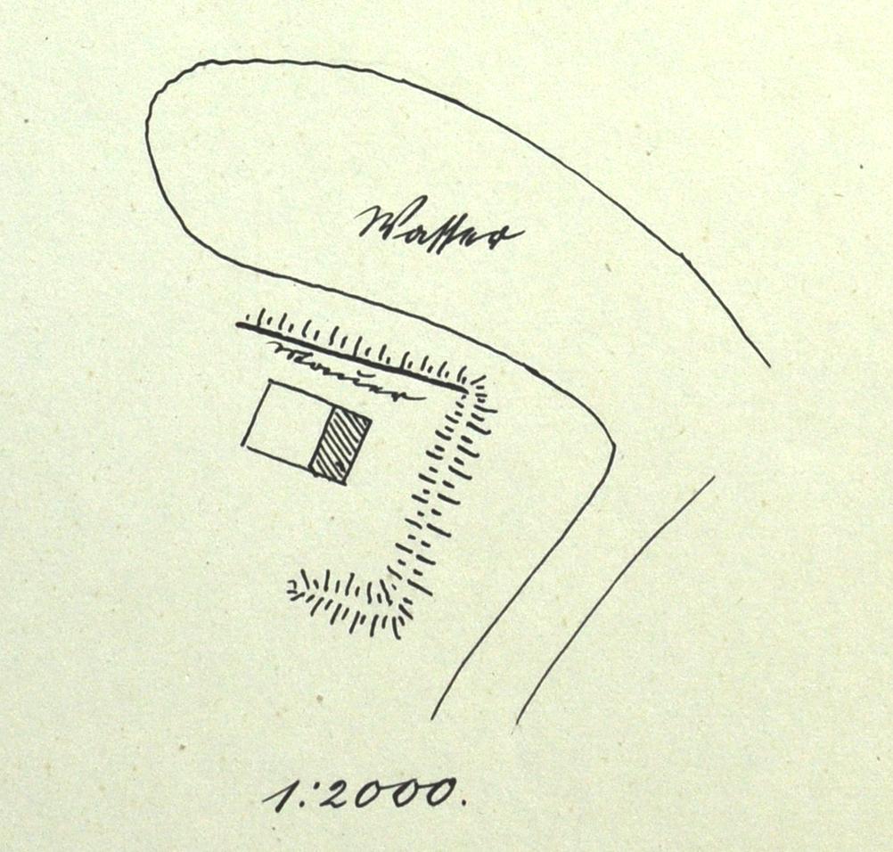 SUŁÓW, schematyczny plan reliktów zamku z początku XX w. (Archiwum Muzeum Archeologicznego we Wrocławiu, teczka Kr. Militsch, sygn. 383)