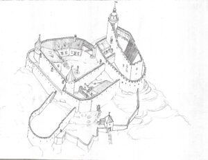 CHOJNIK, rekonstrukcja zamku wg stanu z XVII w. (za W.KONONOWICZ, A.ILOW, T.KONONOWICZ 1976)