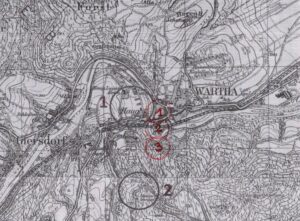 BARDO, st. 3, lokalizacja: 1 – grodu kasztelańskiego, 2 – podgrodzia grodu kasztelańskiego, 3 zamku na Górze Kalwarii na wycinku niemieckiej mapy topograficznej (Meβtischblatt), oprac. P. Błoniewski
