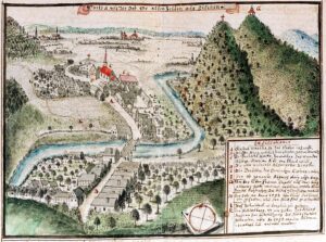 BARDO, plan widokowy z ok. poł. XVIII w. F.B. Wernera; położenie dawnego grodu oznakowano literą „K”