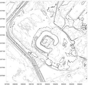 BORÓW,, plan warstwicowy otoczenia stanowiska (oprac. M. Legut-Pintal, P. Rajski, Katalog Zamków i Dworów Obronnych Śląska [https://zamki.pwr.edu.pl/]. Licencja: CC BY-SA 4.0 [https://creativecommons.org/licenses/by-nc/4.0/])
