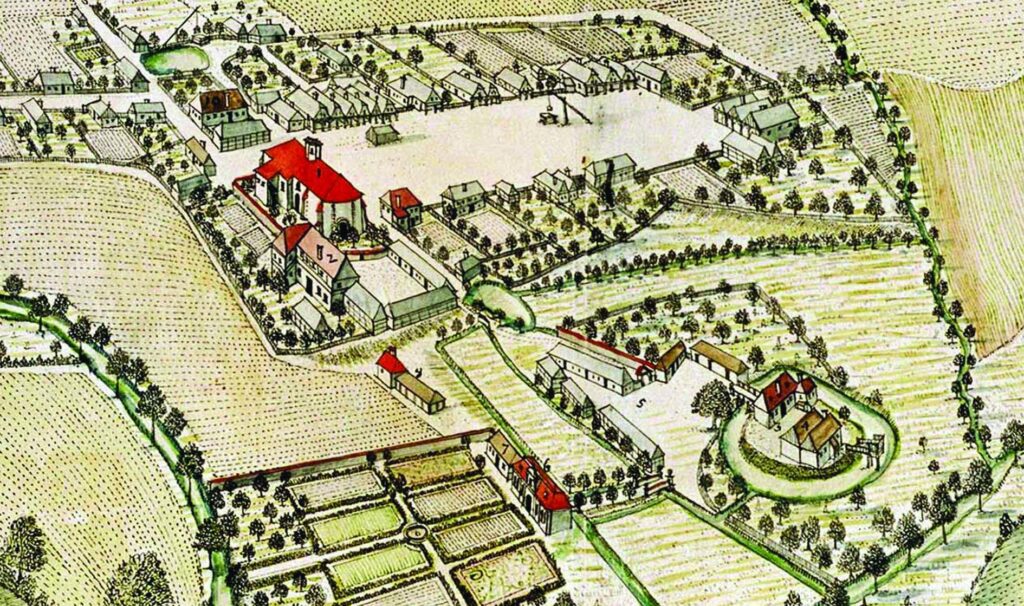 BORÓW, widok wsi o dworu według ryciny F.B. Wernera z połowy XVIII w