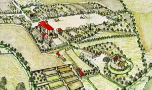 BORÓW, widok wsi o dworu według ryciny F.B. Wernera z połowy XVIII w