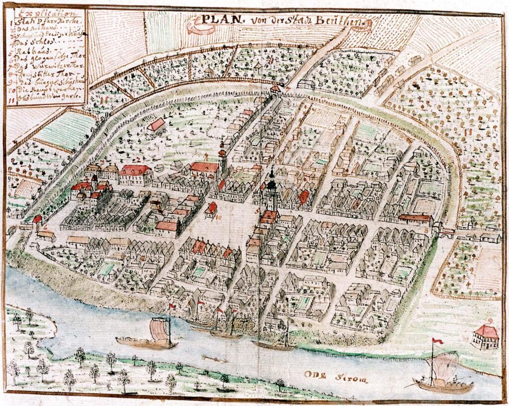 BYTOM ODRZAŃSKI, widok miasta według ryciny F.B. Wernera z połowy XVIII w.